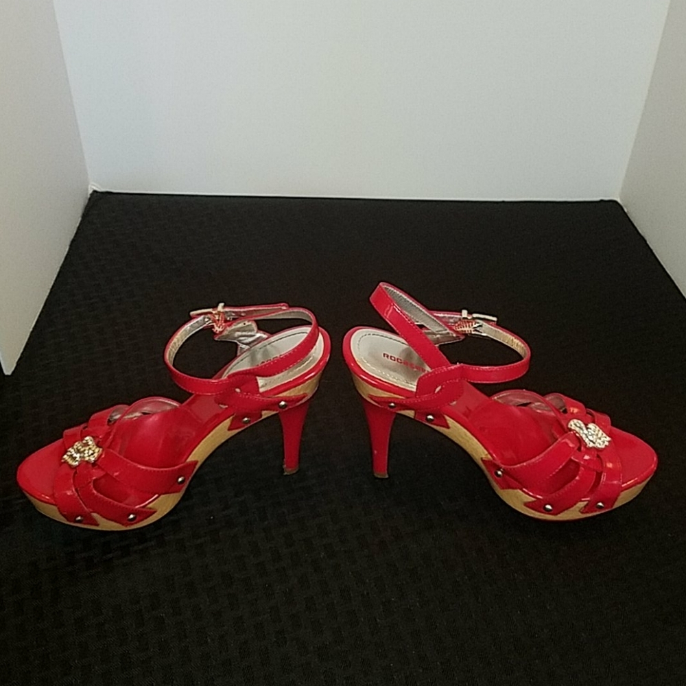 Rocawear Valentina Red Silver Wooden Heels Size 6 - Picture 2 of 7